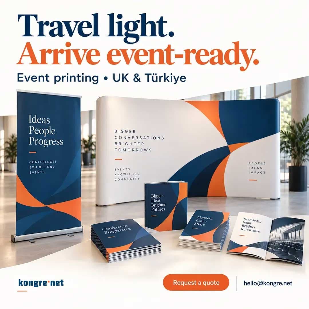 Illustrative display of coordinated event booklets, brochures, a roll-up banner and a backdrop for the UK and Türkiye printing service.